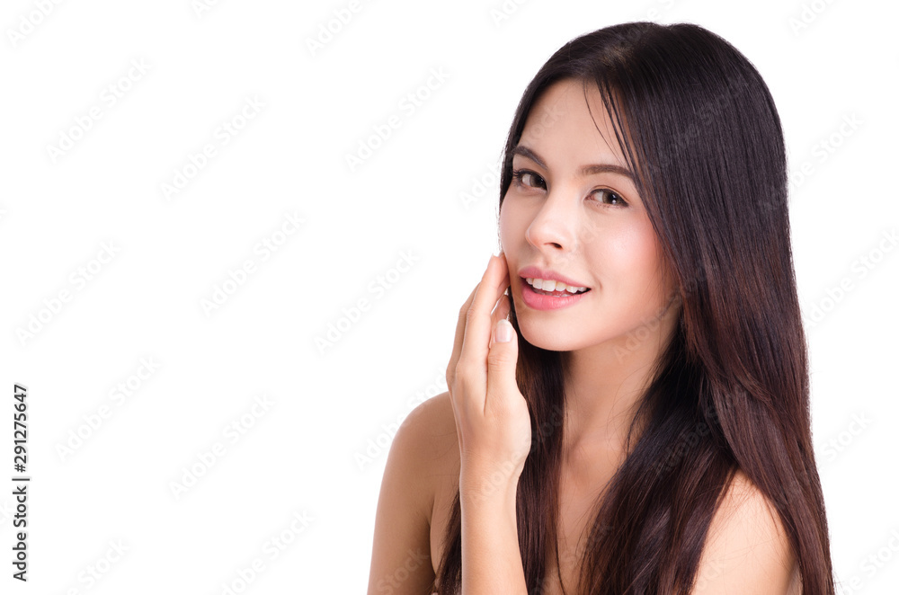 asian young beautiful woman smiling and touching her face, isolated over white background. natural makeup, SPA therapy, skincare, cosmetology and plastic surgery concept asian young beautiful woman smiling and touching her face, isolated over white background. natural makeup, SPA therapy, skincare, cosmetology and plastic surgery concept