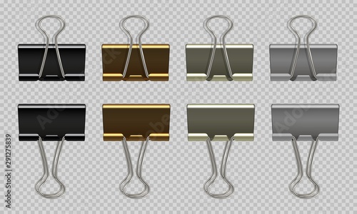 Paper clips set. Black white, gold, gray realistic binder, paper holder isolated on white background. Vector isolated graphic drawing steel stationery