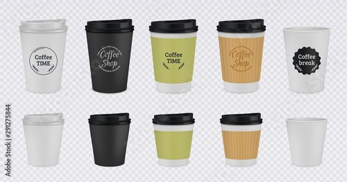 Realistic paper coffee cup. Disposable plastic and paper coffee mugs mockup. 3D vector illustration colorful isolated templates tea cups with lid on transparent background