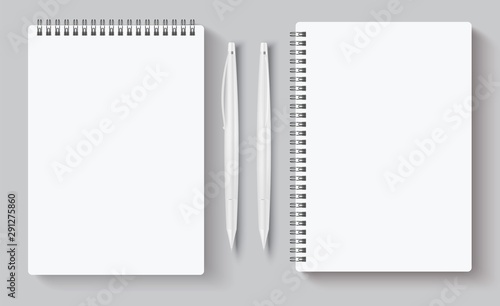 Realistic spiral notebooks. Blank notepad and white pen. Vector illustration mock up empty template books for corporate identity isolated on gray background for business presentation