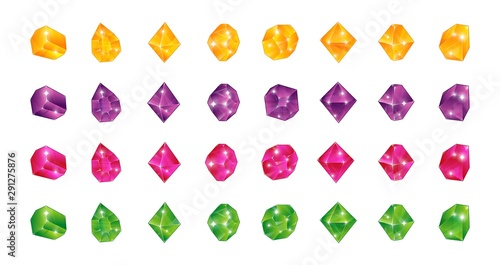 Cartoon multicolor gems. Gem yellow green blue pink stones. Vector illustration jewels diamonds topaz stone emerald ruby sapphire isolated on white background for game ui photo