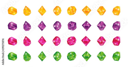 Cartoon multicolor gems. Gem yellow green blue pink stones. Vector illustration jewels diamonds topaz stone emerald ruby sapphire isolated on white background for game ui