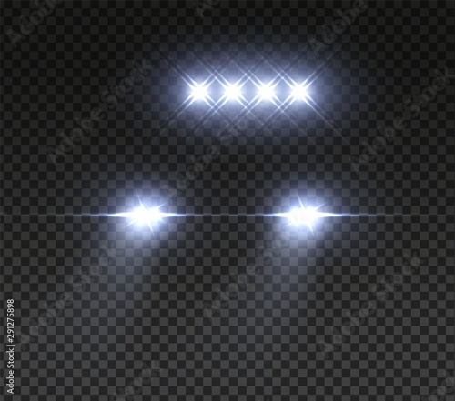 Realistic car headlights. Night road led offroad car light. Vector image light in dark effect on transparent background