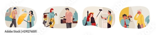 People talking on phone. Cartoon people characters have a dialogue or conversation on telephone. Vector illustration flat trendy persons calling, elderly male and female smartphone talk