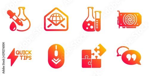 Gpu, Scroll down and Chemistry experiment line icons set. Puzzle, Web mail and Chemistry lab signs. Quickstart guide, Quote bubble symbols. Graphic card, Mouse swipe. Technology set. Vector