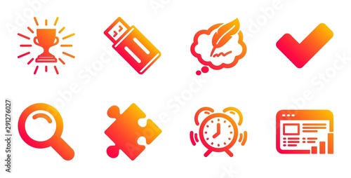 Search, Trophy and Usb flash line icons set. Strategy, Copyright chat and Time management signs. Tick, Web report symbols. Magnifying glass, Winner cup. Education set. Vector