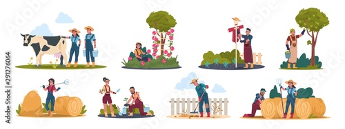 Agricultural workers. Harvesting people on field and in garden, cartoon characters doing farming job. Vector illustration farmers working with animal and organic products set