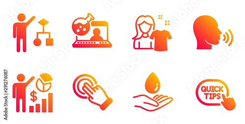 Touchscreen gesture, Human sing and Online chemistry line icons set. Clean shirt, Water care and Algorithm signs. Seo statistics, Quick tips symbols. Click hand, Talk. People set. Vector