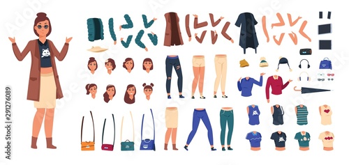 Cartoon character constructor. Woman in casual clothes animation set, young girl body elements and gestures. Vector kit trendy flat female kit for generator casual poses
