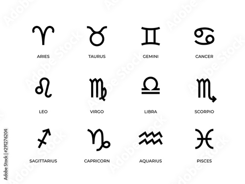 Zodiac symbols. Horoscope and astrology line signs, aries taurus gemini cancer leo virgo libra scorpio and other icons. Vector design illustrations zodiac symbolism set photo