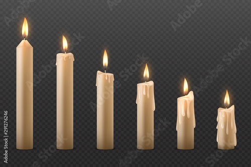 Candle flame. Burning realistic 3D wax candle, different Christmas birthday church and party glowing candles. Vector set isolated romantic objects candlelight