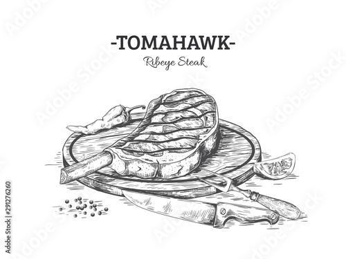 Hand drawn steak. Beef or pork meat cut on wooden board with salt and pepper, grilled meat sketch. Vector black illustration engrave sliced sirloin with knife and fork on white background