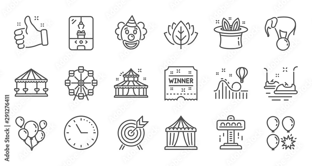 Amusement park line icons. Carousel, Roller coaster and Circus. Clown linear icon set. Quality line set. Vector