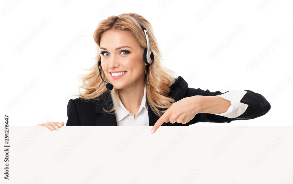 Call center. Customer support service female phone operator in headset pointing signboard with copy space Call center. Customer support service female phone operator in headset pointing signboard with copy space