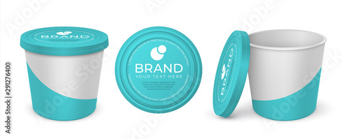 Yoghurt container. Realistic mockup blank and with company label, melted cheese margarine spread or butter vector package. White-blue plastic or carton round open containers with lid for dessert