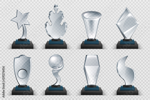 Glass awards. Realistic transparent winner trophy  acrylic stars cups and competition prizes. Vector isolated image fogged crystal award designs shape on board pedestal for awarded champion