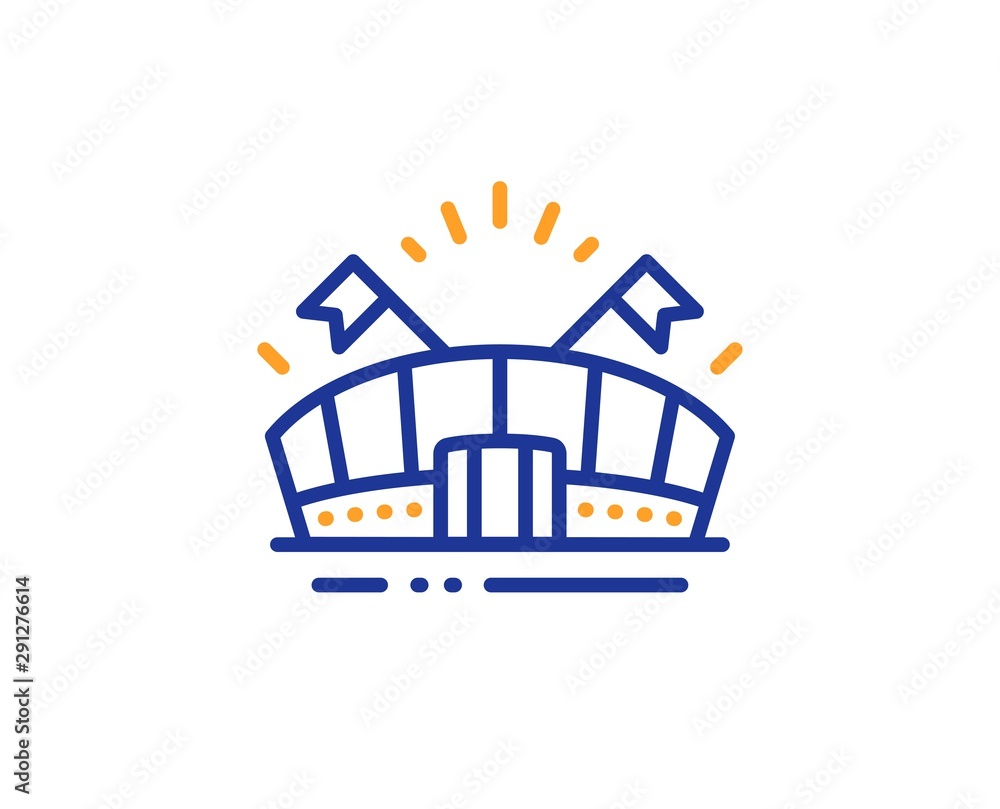 Stadium with flags sign. Sports arena line icon. Sport complex symbol. Colorful outline concept. Blue and orange thin line sports arena icon. Vector