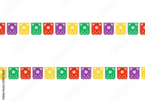 Vector traditional Mexican endless border with colorful paper cutting flags. Horizontal banner with traditional Mexican decoration elements for holidays, Day of the Dead, 5 May on white background.   