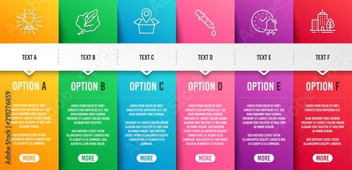 Trophy, Copyright chat and Alarm bell line icons set. Infographic timeline. Chemistry pipette, Package location and Skyscraper buildings signs. Winner cup, Speech bubble, Time. Laboratory. Vector