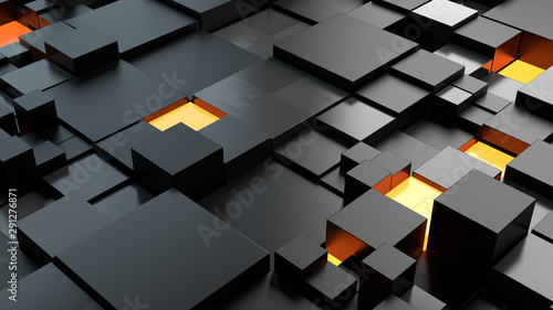 Color abstract 3d render of segmented into squares sirface. Some elements illuminate. Some cubes has detailed texture.