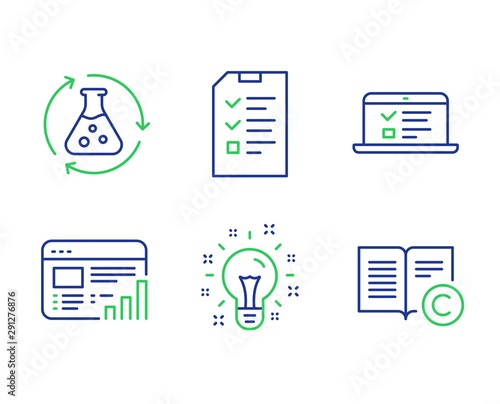 Interview, Web report and Chemistry experiment line icons set. Web lectures, Idea and Copyright signs. Checklist file, Graph chart, Laboratory flask. Online test. Science set. Vector