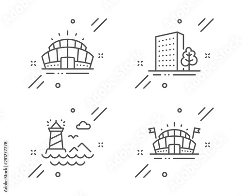 Lighthouse, Arena stadium and Buildings line icons set. Sports arena sign. Navigation beacon, Sport complex, City architecture. Event stadium. Buildings set. Line lighthouse outline icon. Vector