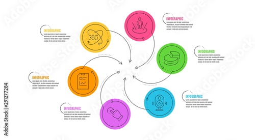Report document, Full rotation and Pie chart line icons set. Infographic timeline. Speaker, Augmented reality and Rotation gesture signs. Statistics file, 360 degree, 3d graph. Music sound. Vector