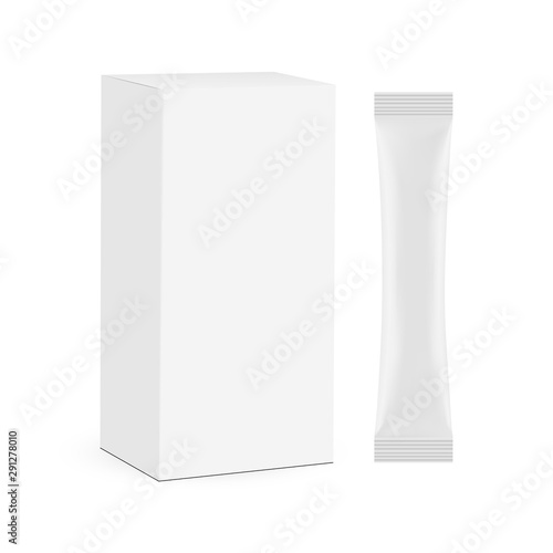 Stick sachet with paper box mockup isolated on white background. Vector illustration