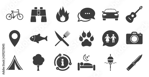 Set of Travel, Hiking and Camping icons. Information, chat bubble icon. Fishing, Biking and WC toilet signs. Tourist tent, Food and Bed symbols. Photo and Rent a car. Quality set. Vector