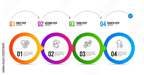 Refresh website, Rotation gesture and Like line icons set. Timeline infographic. Energy growing sign. Update internet, Undo, Social media likes. Power usage. Business set. Refresh website icon. Vector