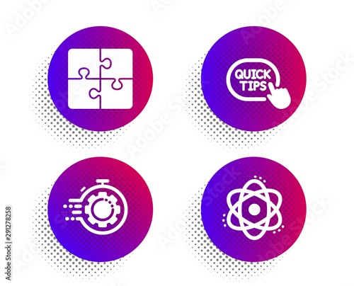 Puzzle, Seo timer and Quick tips icons simple set. Halftone dots button. Atom sign. Engineering strategy, Cogwheel, Helpful tricks. Electron. Science set. Classic flat puzzle icon. Vector