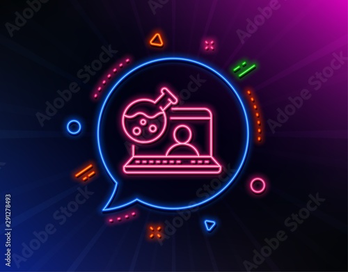 Online chemistry lab line icon. Neon laser lights. Laboratory flask sign. Analysis symbol. Glow laser speech bubble. Neon lights chat bubble. Banner badge with online chemistry icon. Vector