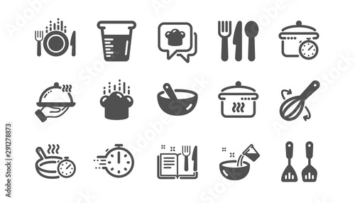 Cooking icons. Boiling time, Frying pan and Kitchen utensils. Fork, spoon and knife icons. Recipe book, chef hat and cutting board. Classic set. Quality set. Vector