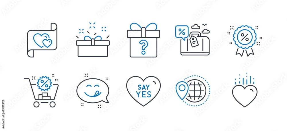 Set of Holidays icons, such as Present box, Shopping cart, Yummy smile, World travel, Say yes, Secret gift, Travel loan, Discount, Love letter, Heart line icons. Sale offer, Discount. Vector Set of Holidays icons, such as Present box, Shopping cart, Yummy smile, World travel, Say yes, Secret gift, Travel loan, Discount, Love letter, Heart line icons. Sale offer, Discount. Vector