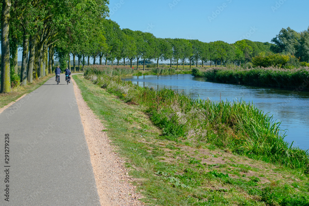 Two unrecognizable cyclists cycle in polder Two unrecognizable cyclists cycle in polder