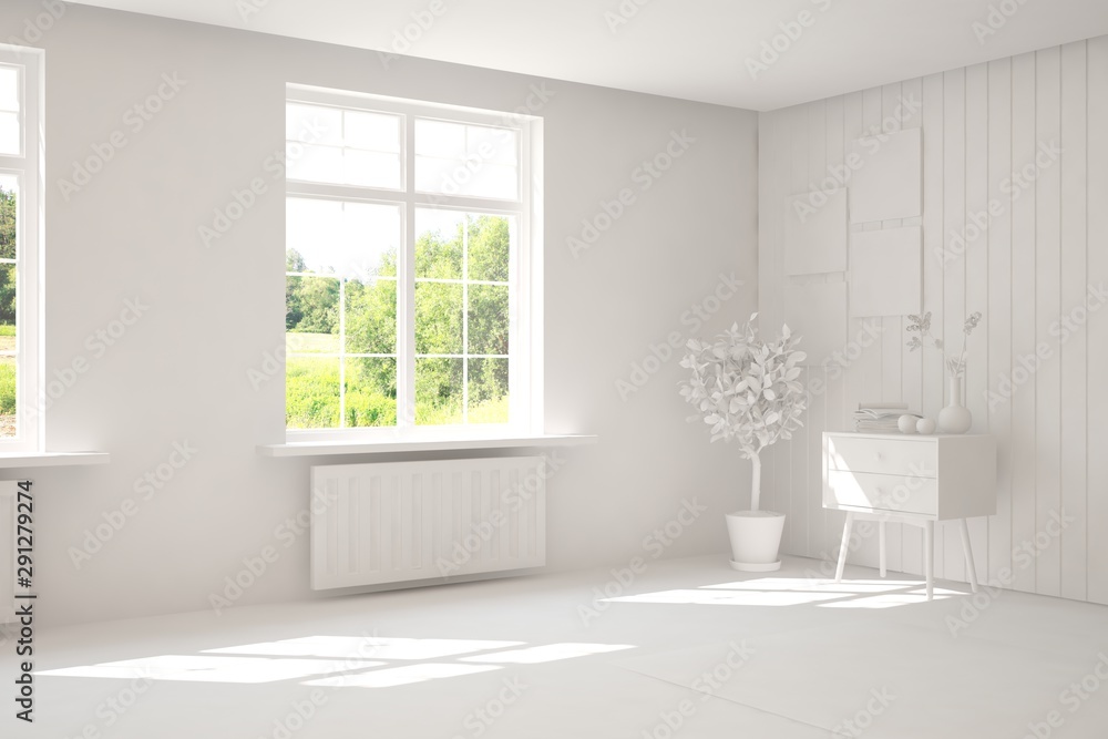 Fototapeta premium Stylish empty room in white color with summer landscape in window. Scandinavian interior design. 3D illustration