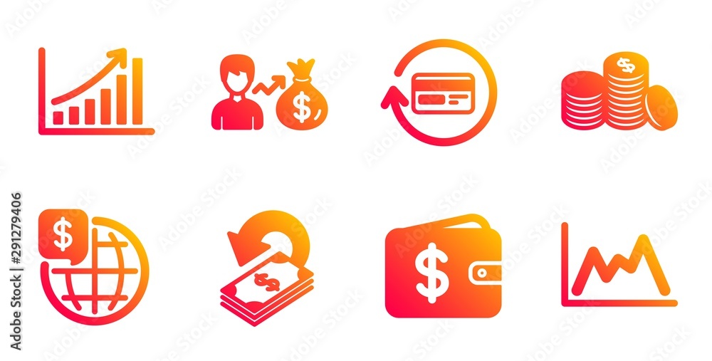 Refund commission, Sallary and Banking money line icons set. Dollar wallet, Cashback and Graph chart signs. World money, Diagram symbols. Cashback card, Person earnings. Finance set. Vector