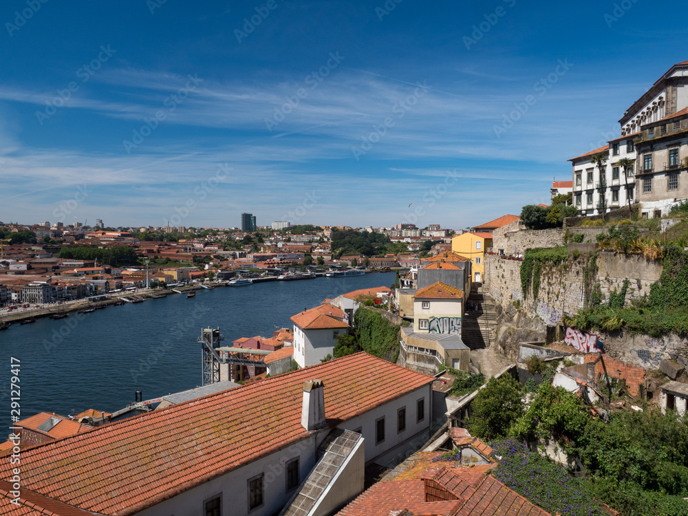 Portugal. may 2019: Panoramic view of Old Porto Oporto city and Ribeira over Douro river from Vila Nova de Gaia