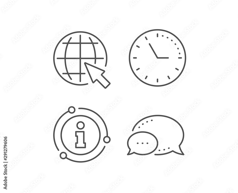 Globe with mouse cursor line icon. Chat bubble, info sign elements. World or Earth sign. Global Internet symbol. Linear internet outline icon. Information bubble. Vector Globe with mouse cursor line icon. Chat bubble, info sign elements. World or Earth sign. Global Internet symbol. Linear internet outline icon. Information bubble. Vector