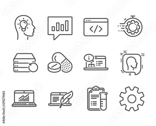 Set of Science icons, such as Medical drugs, Head, Idea head, Online documentation, Seo script, Copyright laptop, Seo timer, Online statistics, Medical analyzes, Service, Recovery server. Vector