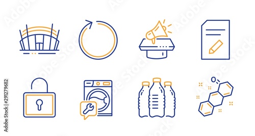 Lock, Edit document and Water bottles line icons set. Megaphone, Arena stadium and Washing machine signs. Loop, Chemical formula symbols. Private locker, Page with pencil. Business set. Vector