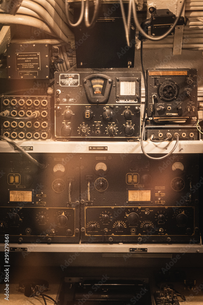 Pearl Harbor, Hawaii - August 23rd 2019: Detail shot of radio equipment inside of the USS Bowfin Submarine at the Pearl Harbor Historic Visitor Centre. Pearl Harbor, Hawaii - August 23rd 2019: Detail shot of radio equipment inside of the USS Bowfin Submarine at the Pearl Harbor Historic Visitor Centre.