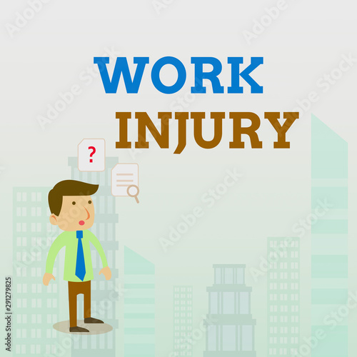 Writing note showing Work Injury. Business concept for Accident in job Danger Unsecure conditions Hurt Trauma Young Male Businessman Worker Searching Problem Solution