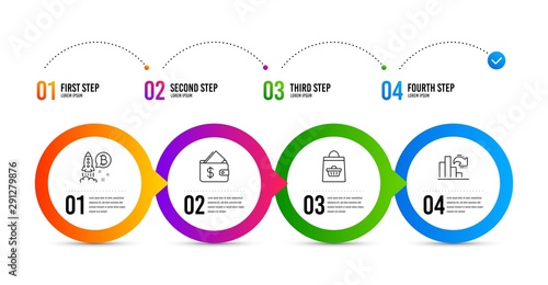 Bitcoin project, Wallet and Online buying line icons set. Timeline infographic. Decreasing graph sign. Cryptocurrency startup, Affordability, Shopping cart. Column chart. Finance set. Vector