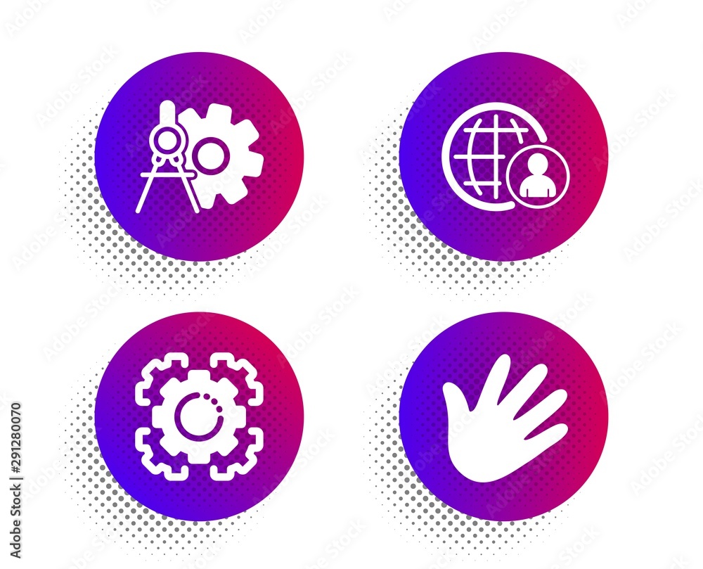 Seo gear, International recruitment and Cogwheel dividers icons simple set. Halftone dots button. Hand sign. Cogwheel, World business, Settings. Swipe. Business set. Classic flat seo gear icon. Vector