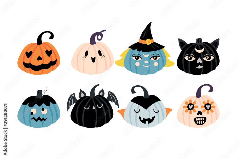 Halloween holiday cute character pumpkin set. Halloween holiday cute character pumpkin set.