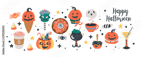 Halloween holiday cute food and drinks set.