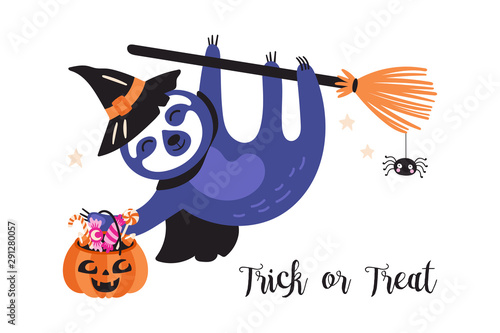 Cute sloth character Halloween holiday card.
