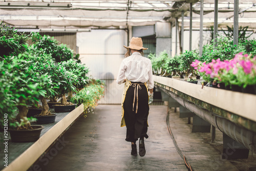 Beautiful woman working in a greenhouse