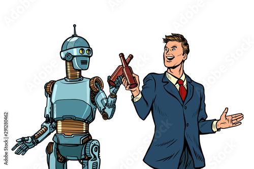 Businessman and robot cheers beer bottles. technological development concept. it industry